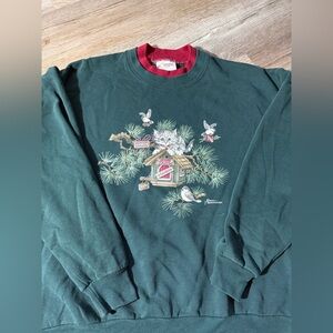 VTG MORNING SUN Green Kitten Cat Birdhouse Christmas Sweatshirt Green Red Size L